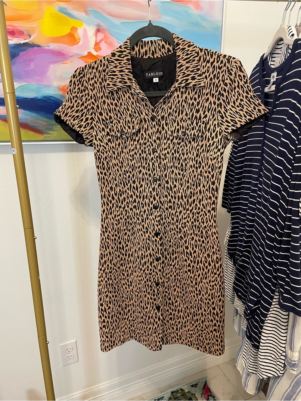 Leopard Print Button-Front Shirt Dress‎ in Tan and Black size 4